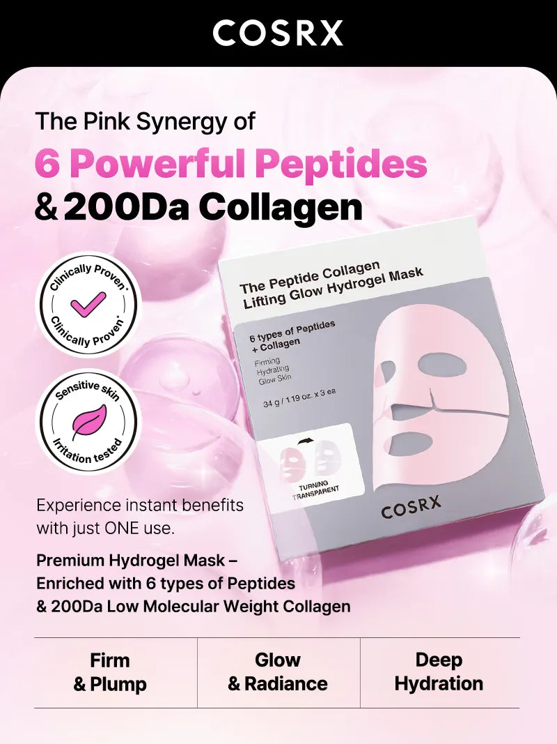 (￡40+ Free Gift) COSRX The Peptide Collagen Lifting Glow Hydrogel Mask_3ea